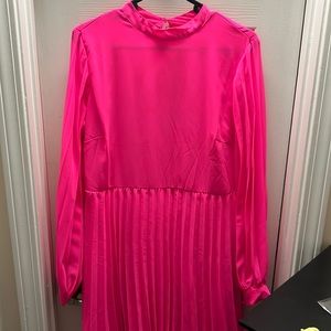 ASOS DESIGN high neck pleated long sleeve skater mini dress in hot neon pink